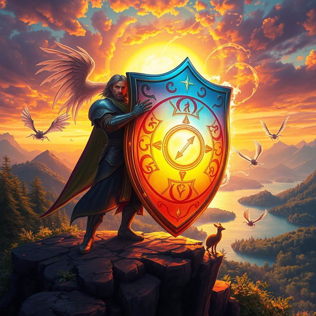 A vibrant and captivating fantasy scene inspired by 'As Crônicas do Escudo Mágico', featuring a magical shield glowing with mystical runes, surrounded by ethereal creatures and enchanted landscapes