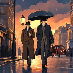 Studio Ghibli-style animation of Sherlock Holmes on rainy London streets under a moody sunset sky, illuminated by warm gas lamp light