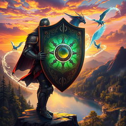 A vibrant and captivating fantasy scene inspired by 'As Crônicas do Escudo Mágico', featuring a magical shield glowing with mystical runes, surrounded by ethereal creatures and enchanted landscapes