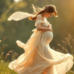 A graceful and elegant portrayal of a woman in motion, embodying the concept of femininity and nurture