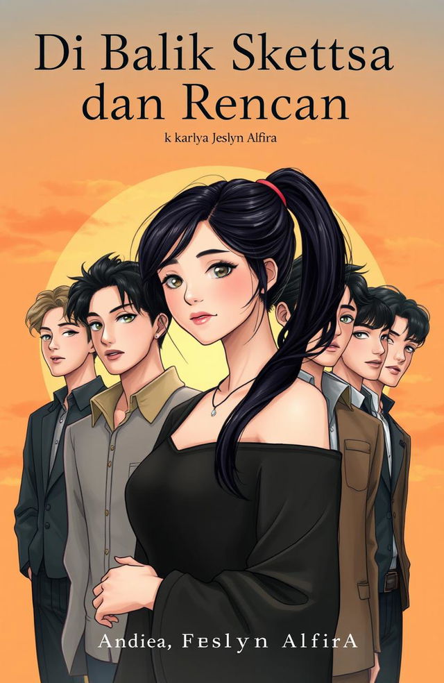 A book cover illustration for a novel featuring the main character, a woman with long black hair styled in a ponytail