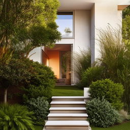 An exterior view of a beautiful house featuring an outdoor staircase. The architecture and design details are impeccable, complemented by lush landscaping.