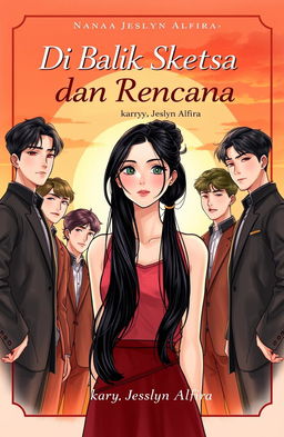 A book cover illustration for a novel featuring the main character, a woman with long black hair styled in a ponytail