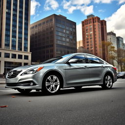 A sleek 2010 sedan car parked on a city street, showcasing its modern design and shiny metallic paint