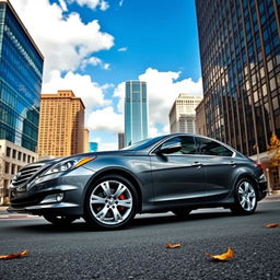 A sleek 2010 sedan car parked on a city street, showcasing its modern design and shiny metallic paint