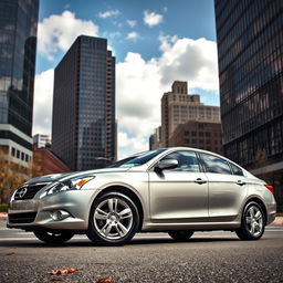 A sleek 2010 sedan car parked on a city street, showcasing its modern design and shiny metallic paint
