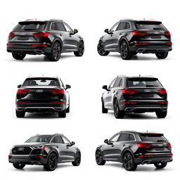 A series of four images featuring a totally black Audi Q7 on a pristine white background