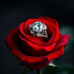 A stunning red rose with luxurious, velvety petals, elegantly topped with a dazzling diamond ring that sparkles with brilliance