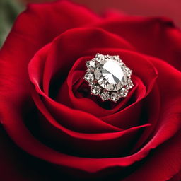 A stunning red rose with luxurious, velvety petals, elegantly topped with a dazzling diamond ring that sparkles with brilliance