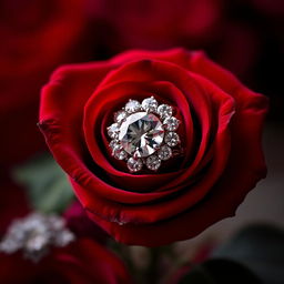 A stunning red rose with luxurious, velvety petals, elegantly topped with a dazzling diamond ring that sparkles with brilliance