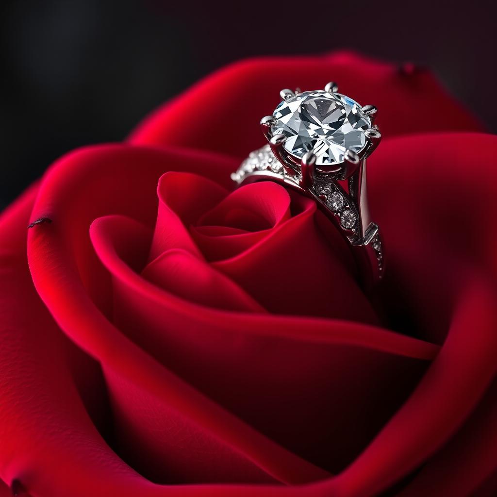 A stunning red rose with luxurious, velvety petals, elegantly topped with a dazzling diamond ring that sparkles with brilliance