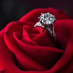 A stunning red rose with luxurious, velvety petals, elegantly topped with a dazzling diamond ring that sparkles with brilliance