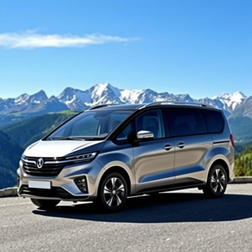 A spacious compact MPV car from 2024, showcasing sleek and modern design, parked against a stunning mountain backdrop under a clear blue sky