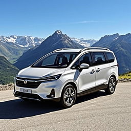 A spacious compact MPV car from 2024, showcasing sleek and modern design, parked against a stunning mountain backdrop under a clear blue sky