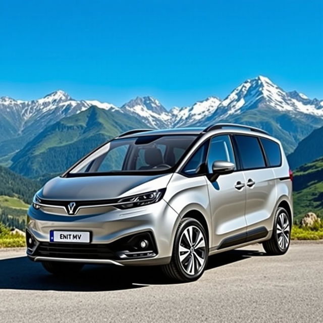 A spacious compact MPV car from 2024, showcasing sleek and modern design, parked against a stunning mountain backdrop under a clear blue sky