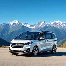 A spacious compact MPV car from 2024, showcasing sleek and modern design, parked against a stunning mountain backdrop under a clear blue sky