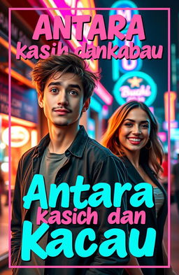 A bold and playful cover design for a contemporary romance-comedy novel titled 'Antara Kasih dan Kacau'