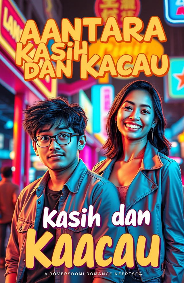 A bold and playful cover design for a contemporary romance-comedy novel titled 'Antara Kasih dan Kacau'