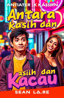 A bold and playful cover design for a contemporary romance-comedy novel titled 'Antara Kasih dan Kacau'