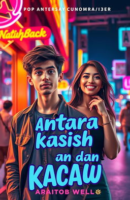 A bold and playful cover design for a contemporary romance-comedy novel titled 'Antara Kasih dan Kacau'