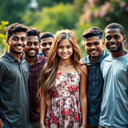 A beautiful girl surrounded by seven young men, each depicting a sense of protection and affection
