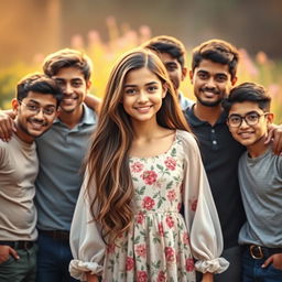 A beautiful girl surrounded by seven young men, each depicting a sense of protection and affection