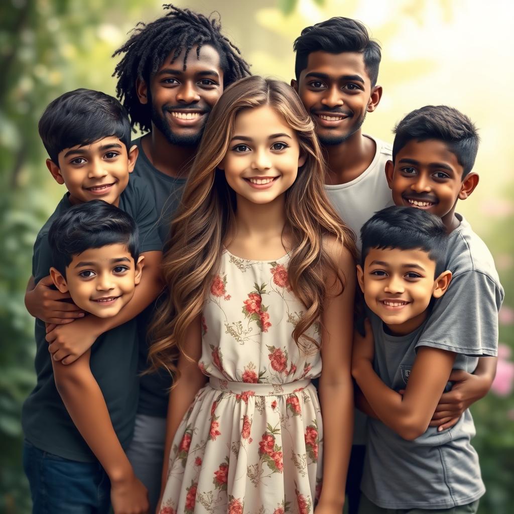 A beautiful girl surrounded by seven young men, each depicting a sense of protection and affection