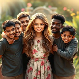 A beautiful girl surrounded by seven young men, each depicting a sense of protection and affection