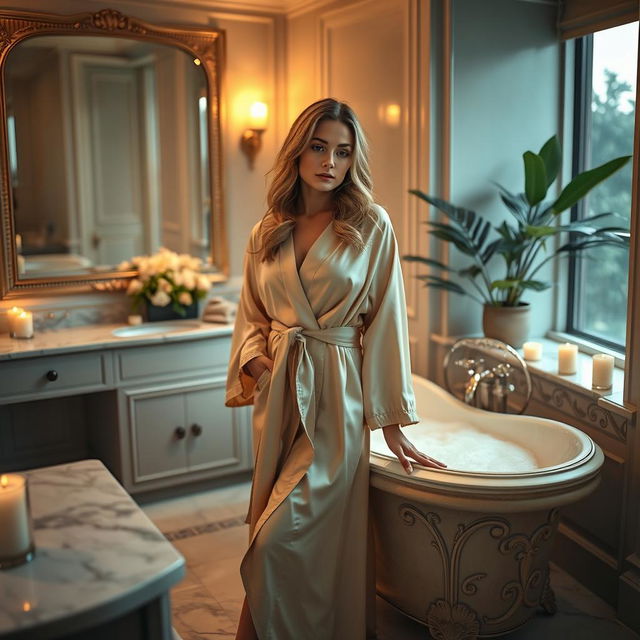 A stunning and elegant portrayal of a woman in a beautifully designed bathroom, surrounded by soft, warm lighting