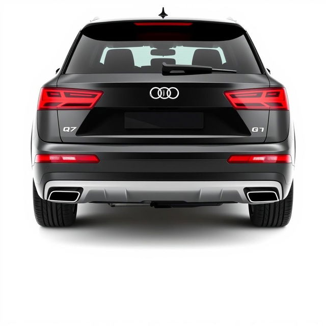 A sleek, totally black Audi Q7 viewed from the rear on a crisp white background