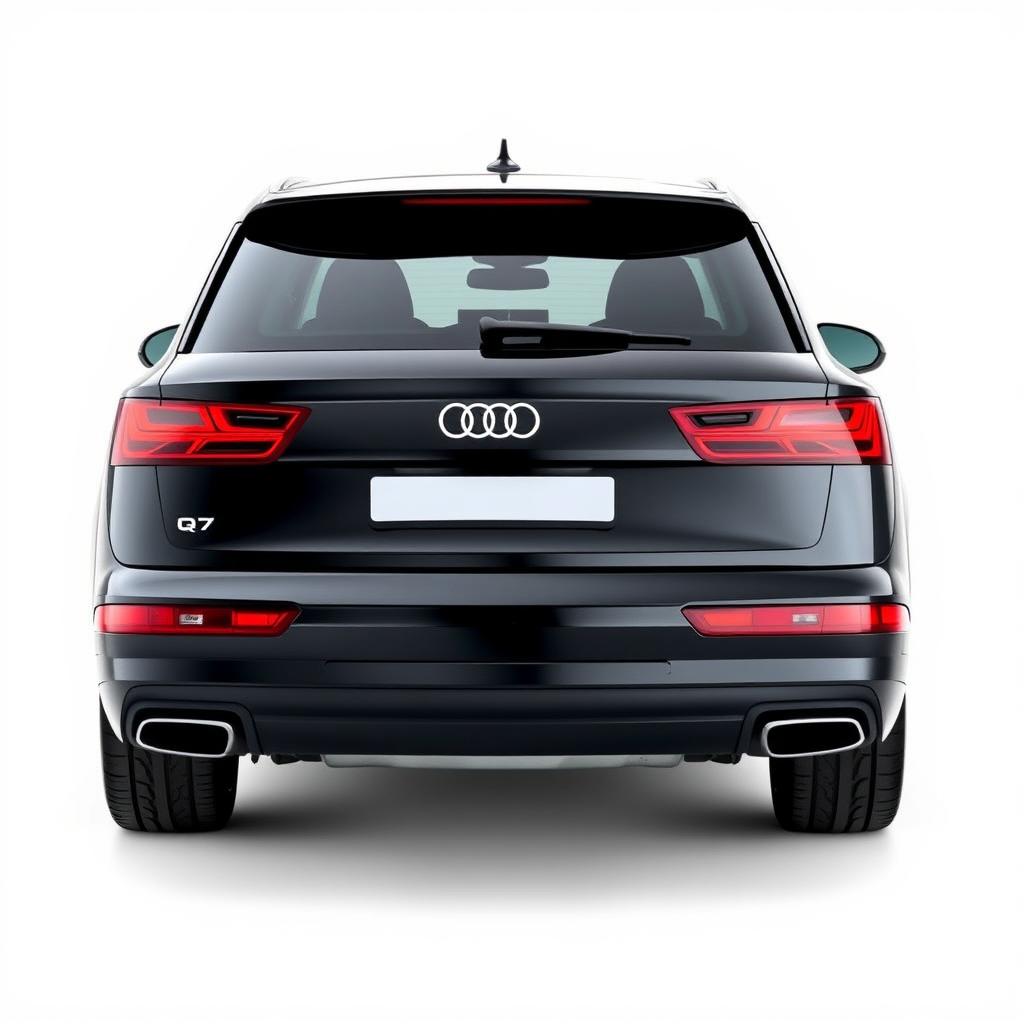 A sleek, totally black Audi Q7 viewed from the rear on a crisp white background