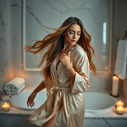 A stunning portrayal of elegance in motion, featuring a beautiful woman in a bathroom setting