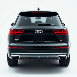 A sleek, totally black Audi Q7 captured from a 3/4 perspective at the rear, showcasing its elegant design and curves