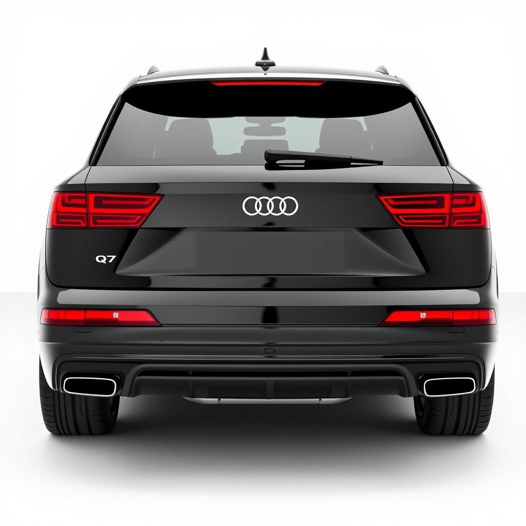 A sleek, totally black Audi Q7 captured from a 3/4 perspective at the rear, showcasing its elegant design and curves