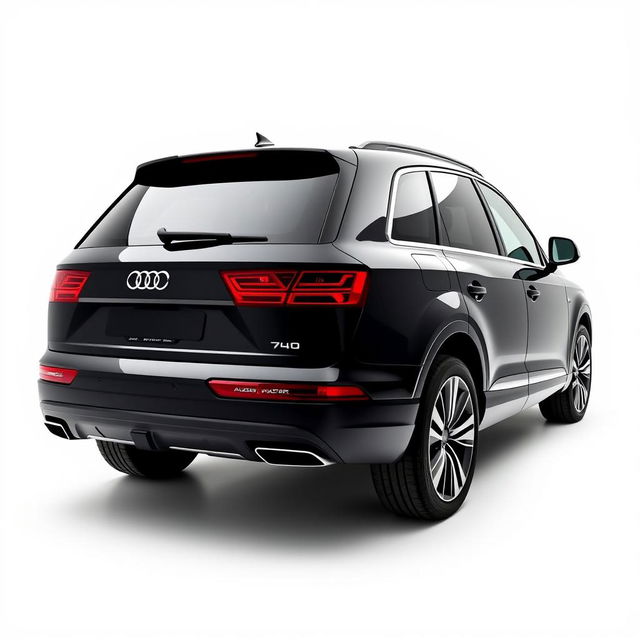 A sleek, totally black Audi Q7 captured from a 3/4 perspective at the rear, showcasing its elegant design and curves