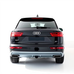A sleek, totally black Audi Q7 captured from a 3/4 perspective at the rear, showcasing its elegant design and curves