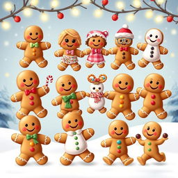 A joyful scene featuring 12 unique gingerbread men, each with distinct styles and expressions
