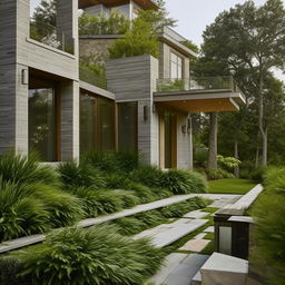 An exterior view of a beautiful house featuring an outdoor staircase. The architecture and design details are impeccable, complemented by lush landscaping.