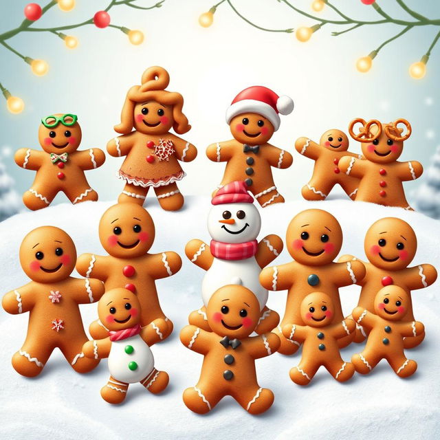 A joyful scene featuring 12 unique gingerbread men, each with distinct styles and expressions