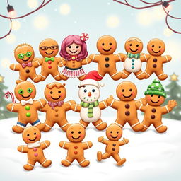 A joyful scene featuring 12 unique gingerbread men, each with distinct styles and expressions