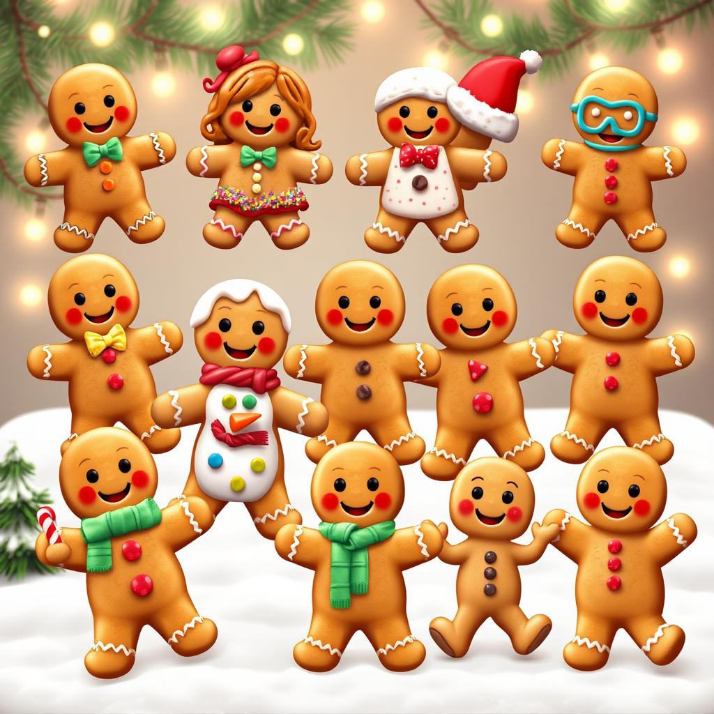 A joyful scene featuring 12 unique gingerbread men, each with distinct styles and expressions