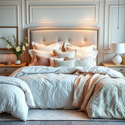 A vinyl display for a bedding store showcasing a cozy and elegant bedroom setting