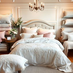 A vinyl display for a bedding store showcasing a cozy and elegant bedroom setting