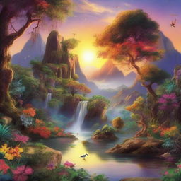 Fantastical landscape at sunset, where the surreal and the natural blend harmoniously