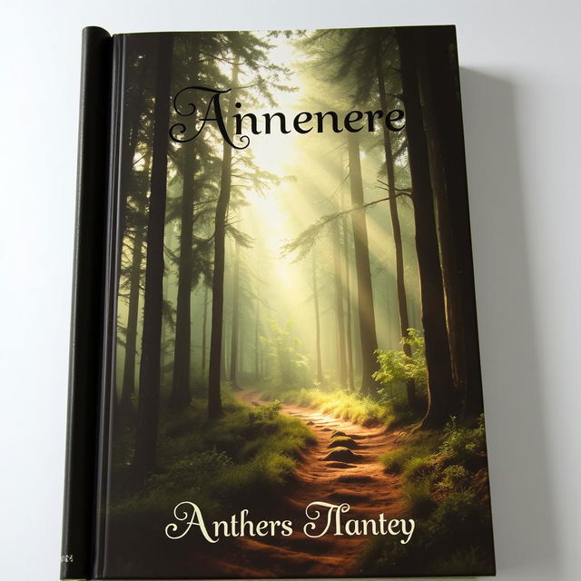 A captivating book cover design featuring a mysterious forest landscape with tall, dense trees and shafts of sunlight breaking through the leaves