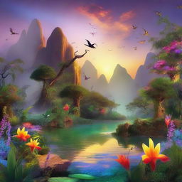 Fantastical landscape at sunset, where the surreal and the natural blend harmoniously