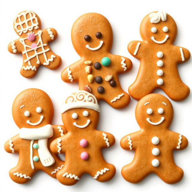 A collection of different gingerbread men, all in a semi-realistic style, displayed against a clean white background