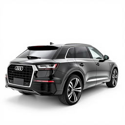 A sleek, totally black Audi Q7 viewed from the side, showcasing its elegant and modern design features, such as its sharp lines, distinctive grille, and striking wheels