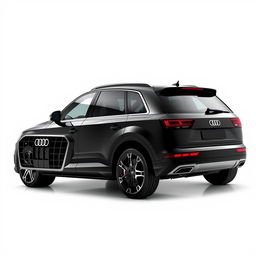 A sleek, totally black Audi Q7 viewed from the side, showcasing its elegant and modern design features, such as its sharp lines, distinctive grille, and striking wheels