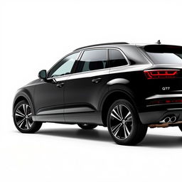 A sleek, totally black Audi Q7 viewed from the side, showcasing its elegant and modern design features, such as its sharp lines, distinctive grille, and striking wheels
